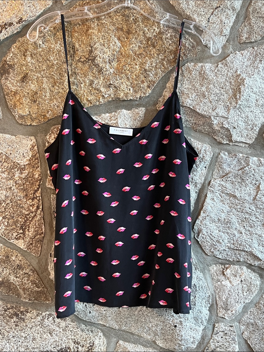 Equipment Black Silk Camisole with Pink Lip Print